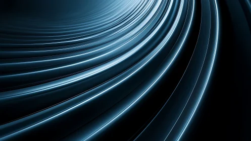 Curved metallic light bands in dark abstract composition.