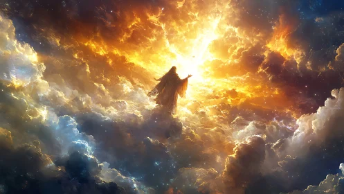 Radiant figure rising through clouds toward luminous dawn.
