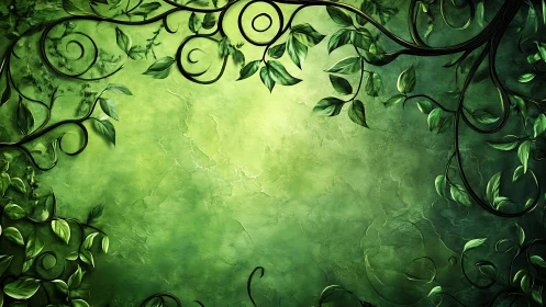 Curved green vines framing textured light gradient background.