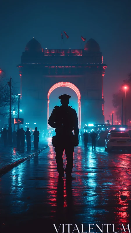 Nocturnal security silhouette at illuminated ceremonial gateway.