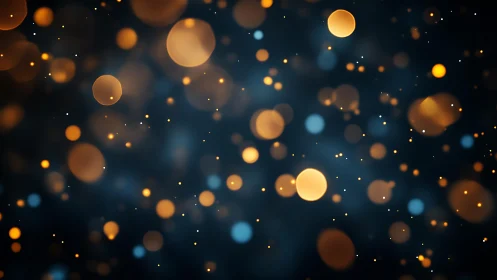 Golden and blue bokeh lights on a dark background, abstract style.