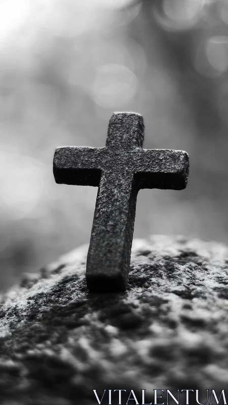 Weathered stone cross stands on rough rock in soft focus