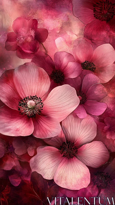 Pink and Crimson Layered Flowers with Black Stamens