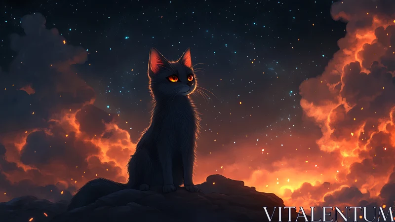 Black cat with glowing eyes sitting on rock surrounded by fire