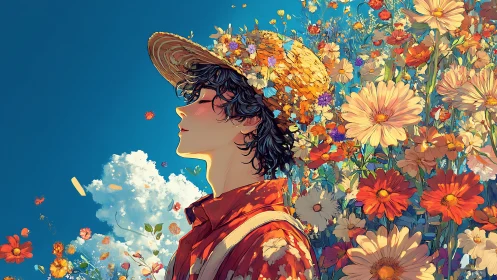 Side-profile portrait of youth in straw hat amid wildflowers