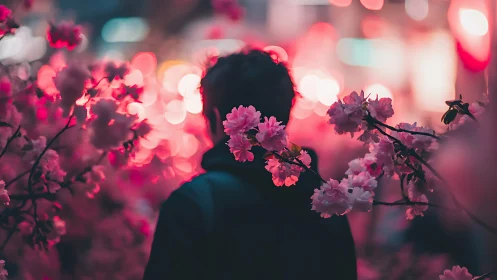 Backlit silhouette framed by neon bokeh and pink blossoms.