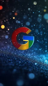 Google logo glows over glittered bokeh field at night.