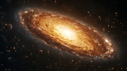 Spiral galaxy rendered with bright golden stellar core