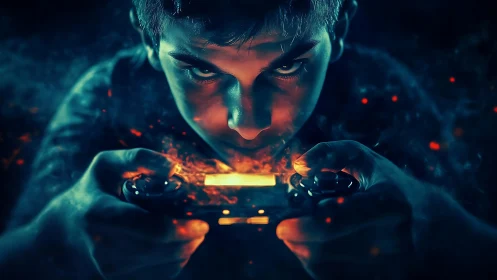 Intense gamer portrait with luminescent controller ignition effect.
