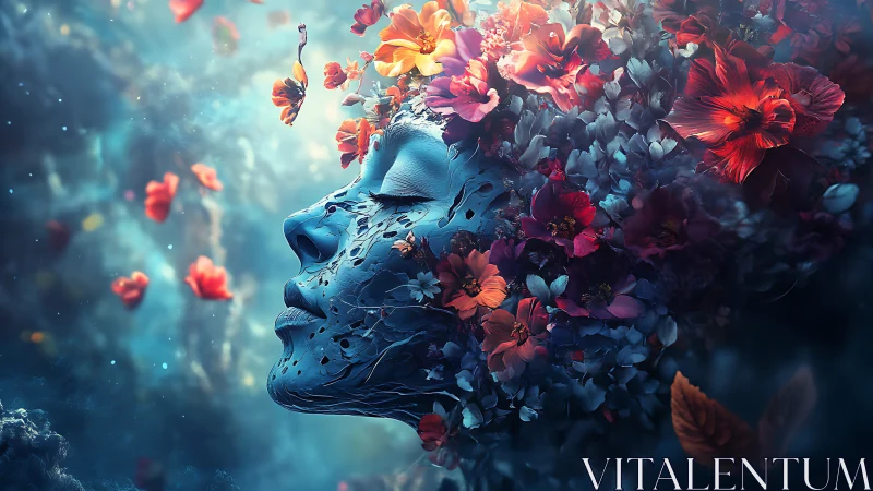 Digital profile of floral human face in abstract space.