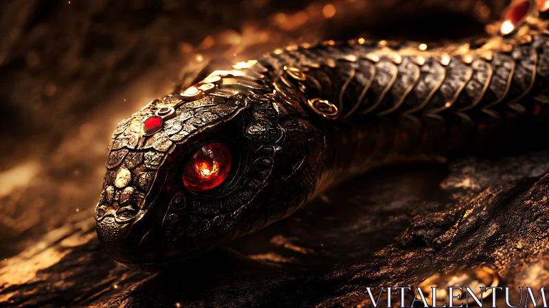 Gem-encrusted mechanical serpent with molten core eye detail