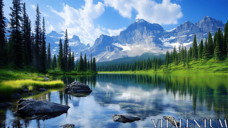 Glacial alpine lake mirror with conifer forest and strata-rich peaks.
