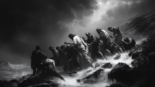 Disciples battle storm surge on jagged coastal rocks