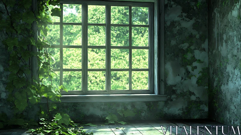 Quiet sunlit window where ivy gently reclaims the room.
