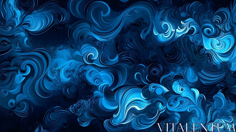 Turbulent cyan fluid vortices swirl across deep navy background