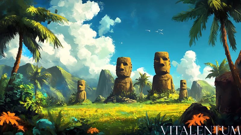 Stone moai statues stand on lush tropical island landscape