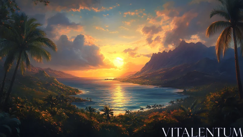 Sunlit tropical bay glowing with gentle evening warmth.