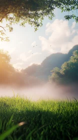 Low-angle meadow render with volumetric fog and warm backlighting