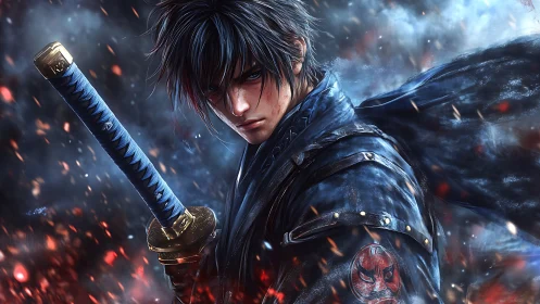 Brooding swordsman grips katana amid swirling sparks and smoke