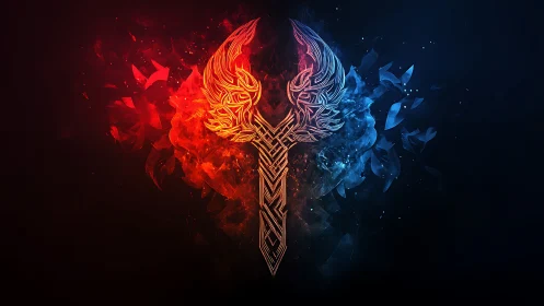 Winged fiery blue emblem divided by molten circuitry.