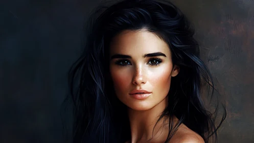 Digital portrait shows dark haired woman facing viewer directly