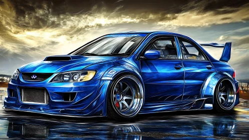 Modified blue sedan in stylized digital automotive rendering.