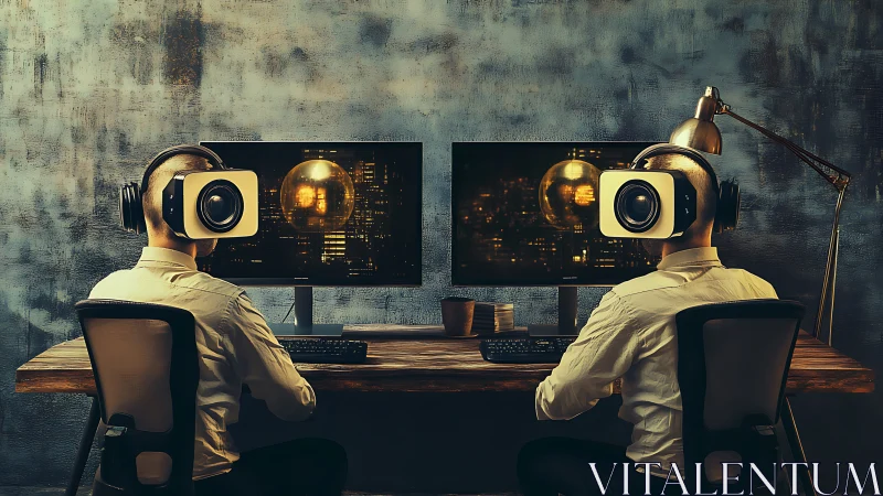 Two VR headset users work at dual monitors in dim studio