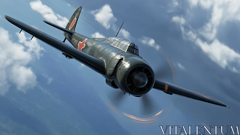 Single-engine military aircraft in shallow banking flight.