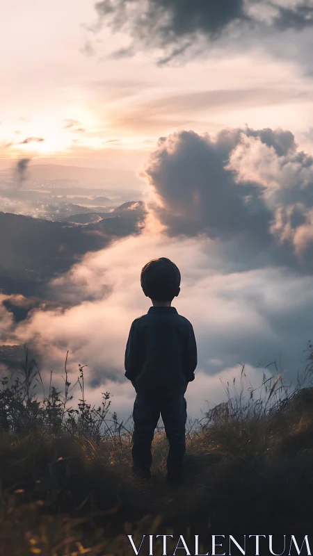 Child stands on grassy hillside overlooking cloud filled valley