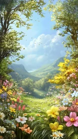 Sunlit wildflower meadow opens to distant rolling valley.