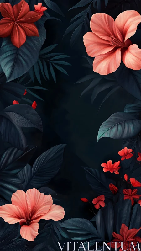 Tropical Floral Composition with Coral Blooms Against Dark Foliage