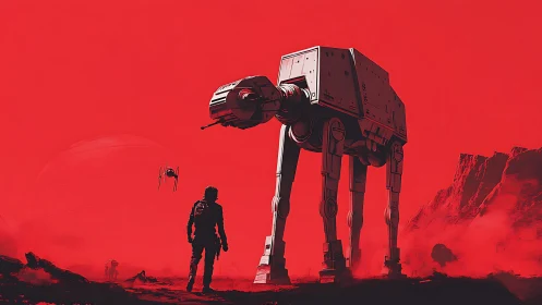 High-contrast sci-fi walker and soldier on monochrome red battlefield