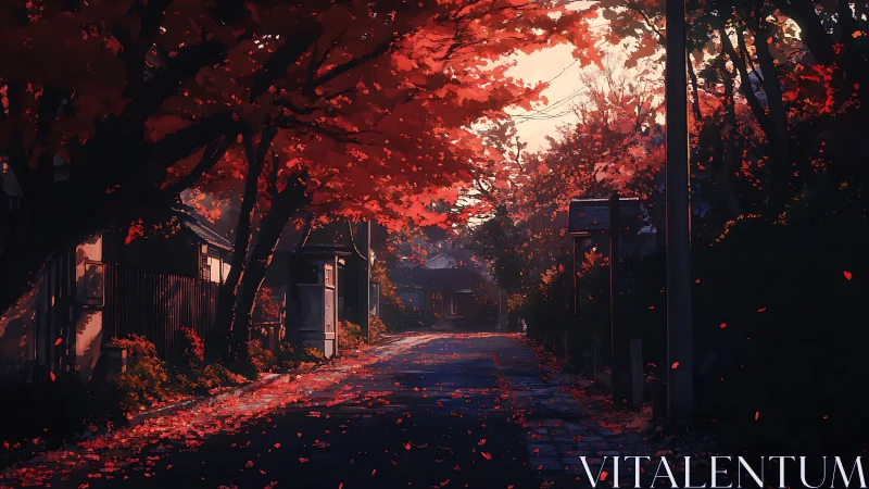 Autumnal suburban lane under dense crimson foliage canopy.