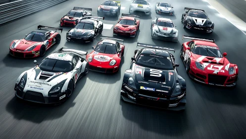 Grid of high performance GT race cars charging forward