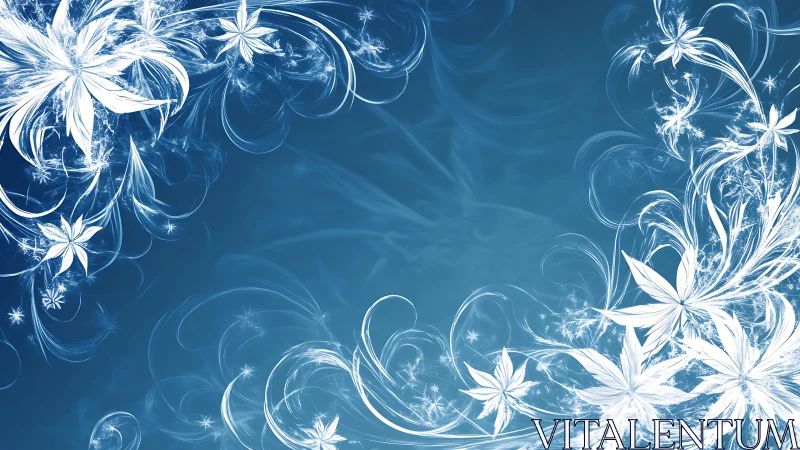 White floral fractal border on blue abstract background.