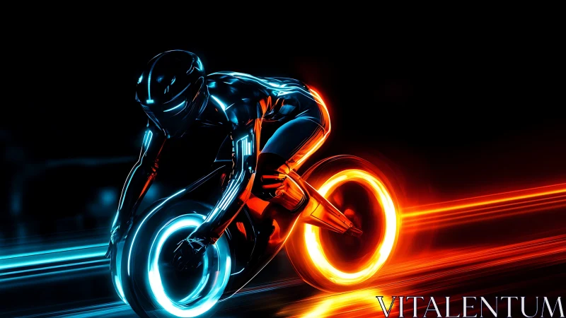 Futuristic neon motorcyclist on glowing light cycle at speed.