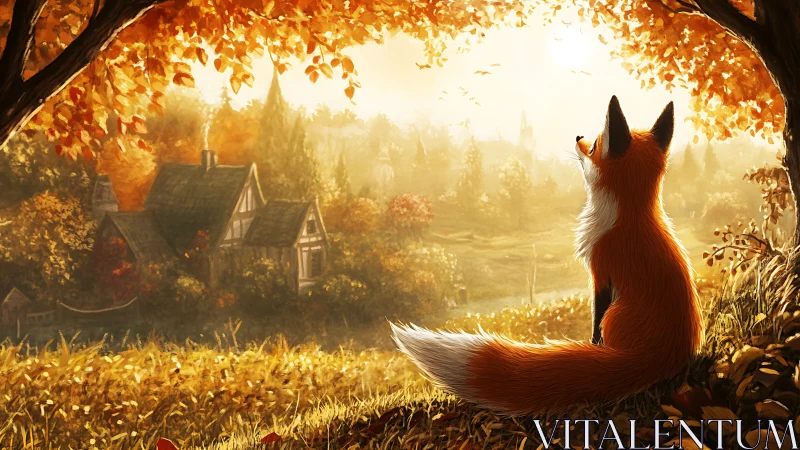 Fox observes distant village under autumn tree canopy