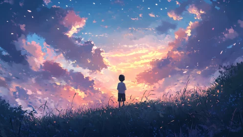 Child silhouetted against glowing sunset sky in reflection.