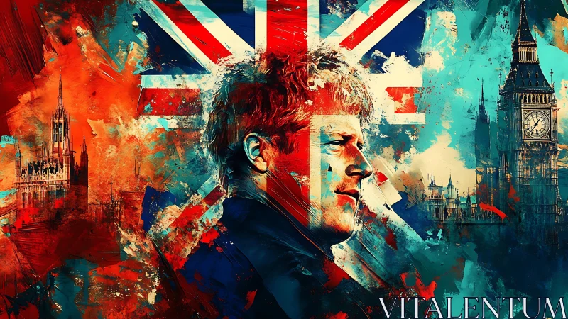 British political portrait with Union Jack and landmarks.