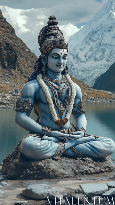 Serene Himalayan deity in blue meditative mountain stillness.
