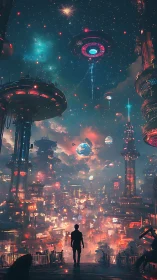 Stargazing drifter walks into a neon-drenched cosmic megacity.