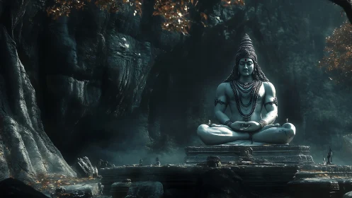 Colossal meditative deity statue in misty forest temple.