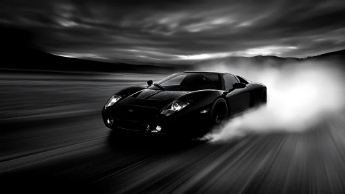 Midnight sports car racing through dramatic smoky curves.