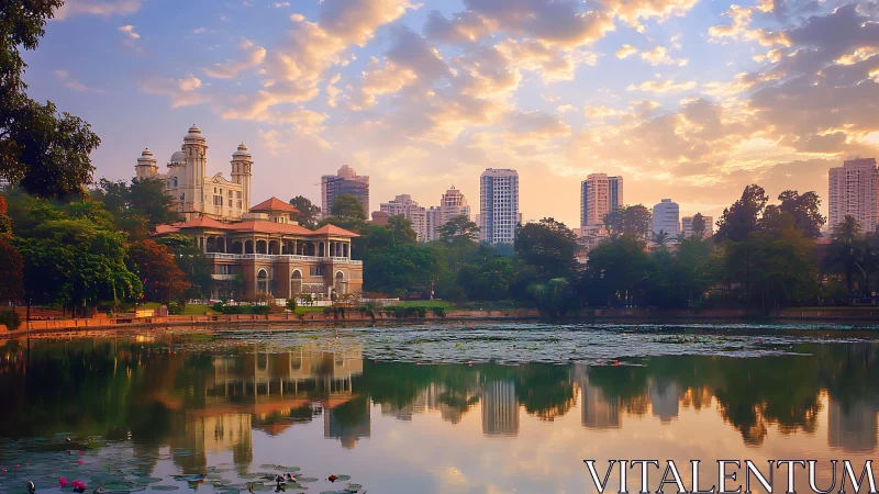 Sunrise reflections over a quiet city lakeside retreat.