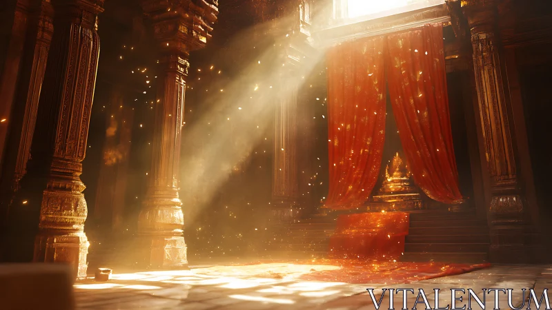 Golden light over a quiet temple throne and flowing drapes.