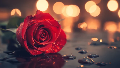 Red rose with water droplets against blurred bokeh lights background