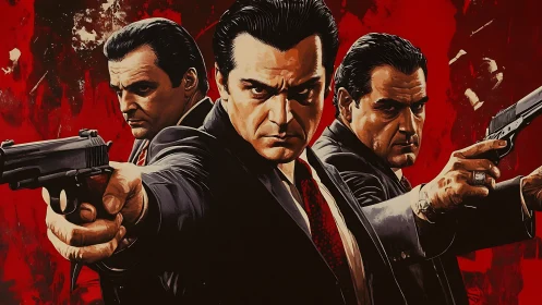 Grim trio of gunmen framed in blazing red fury.