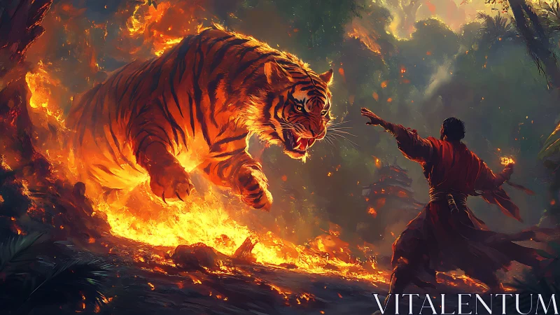 Fiery warrior confronts roaring tiger in a blazing jungle