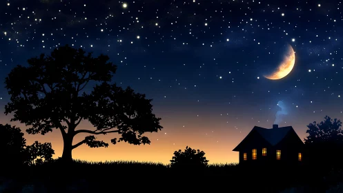 Crescent moon twilight sky over rural cottage and tree silhouettes
