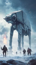 Colossal walker dominates frozen battlefield under fire.